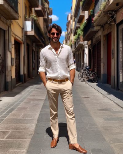 White Linen Shirt with Sand Chinos